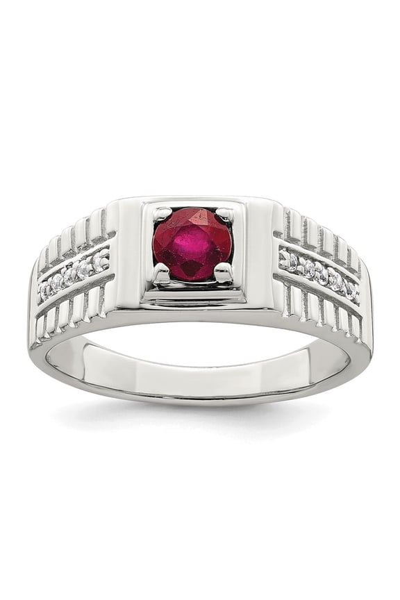 Fine Jewelry 925 Sterling Silver Rhod-plated Men's African Ruby and White Topaz Ring Size- 11