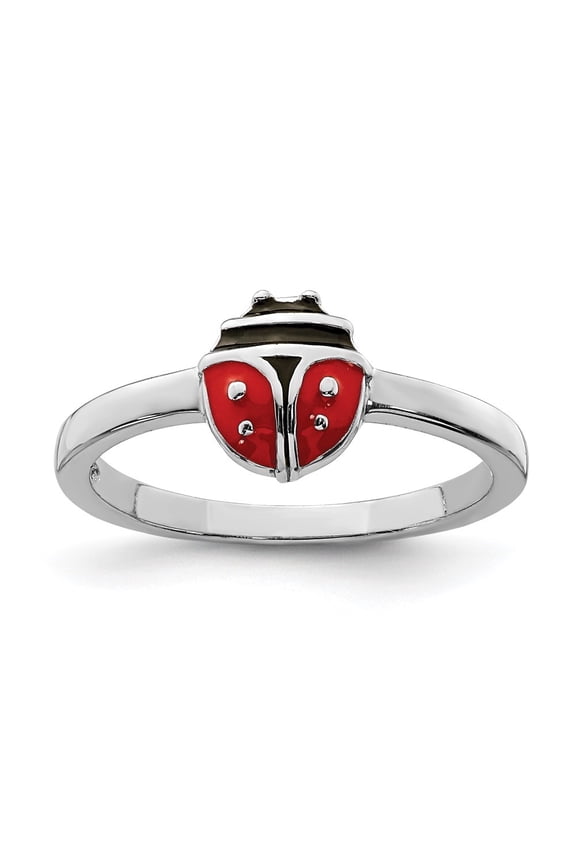 Fine Jewelry 925 Sterling Silver Rhod-plated Polished & Enameled Ladybug Ring for Women Size 3