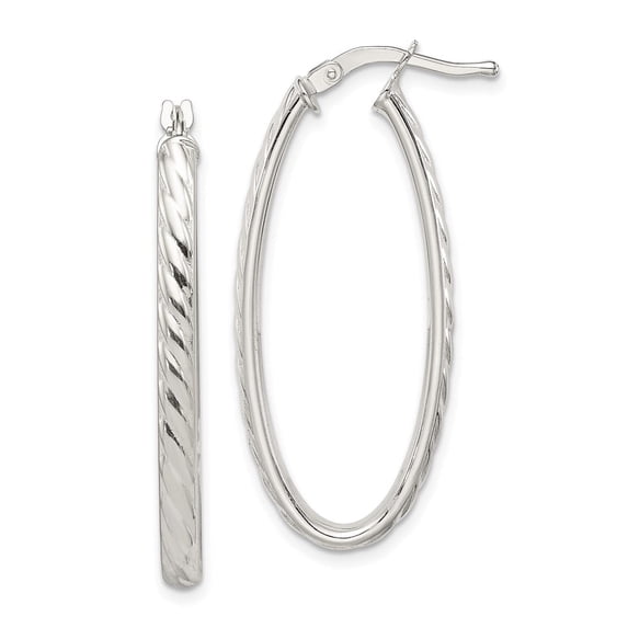 Auriga Fine Jewelry 925 Sterling Silver Rhod-plated Textured 3mm Hollow Oval Hoop Earrings for Women