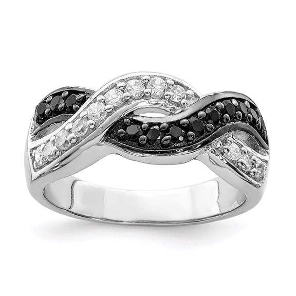 Auriga Fine Jewelry 925 Sterling Silver Rhodium Black and Clear CZ Wavy Ring for Women Size 6