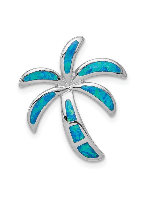 Fine Jewelry 925 Sterling Silver Rhodium Created Blue Opal Palm Tree Slide for Women (L - 21.58mm)