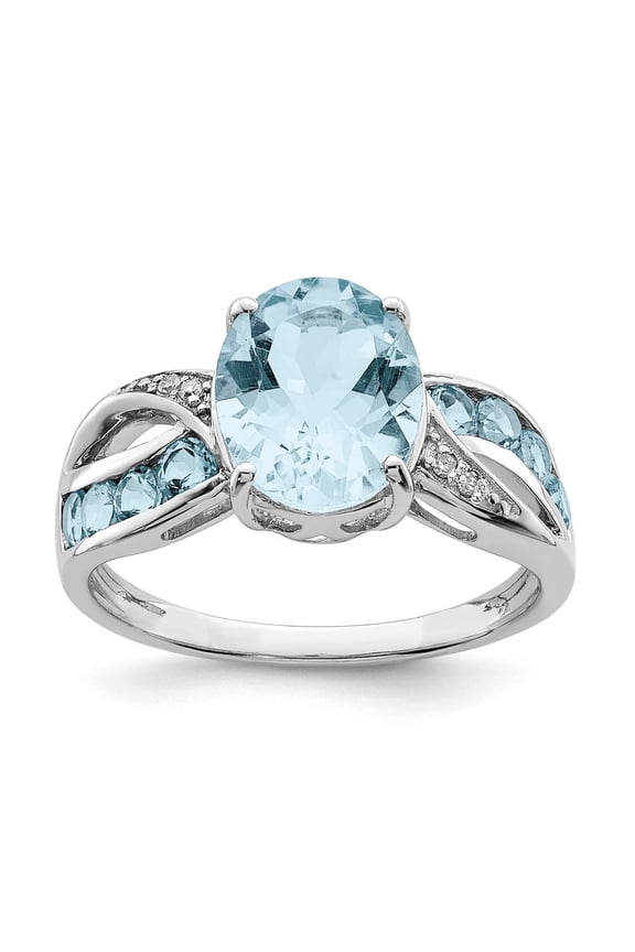 Fine Jewelry 925 Sterling Silver Rhodium Diamond & Sky Blue Topaz Ring for Women Size- 8