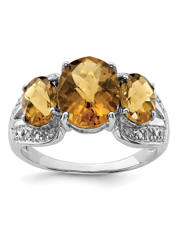 Fine Jewelry 925 Sterling Silver Rhodium Oval Checker-Cut Whiskey Quartz & Diamond Ring for Women Size 7
