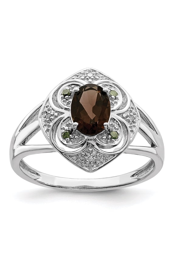 Fine Jewelry 925 Sterling Silver Rhodium Oval Smoky Quartz & Diamond Ring for Women Size- 7