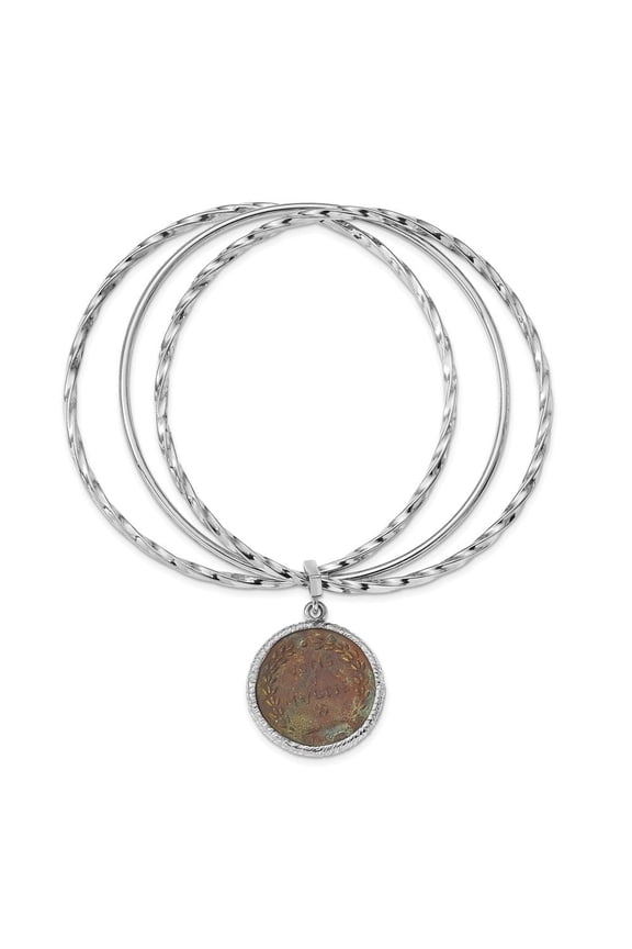Fine Jewelry 925 Sterling Silver Rhodium Plated Bronze Roman Coin Bangle for Women