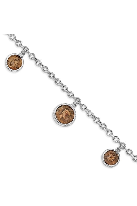 Fine Jewelry 925 Sterling Silver Rhodium Plated Bronze Roman Coin Bracelet 8inch for Women