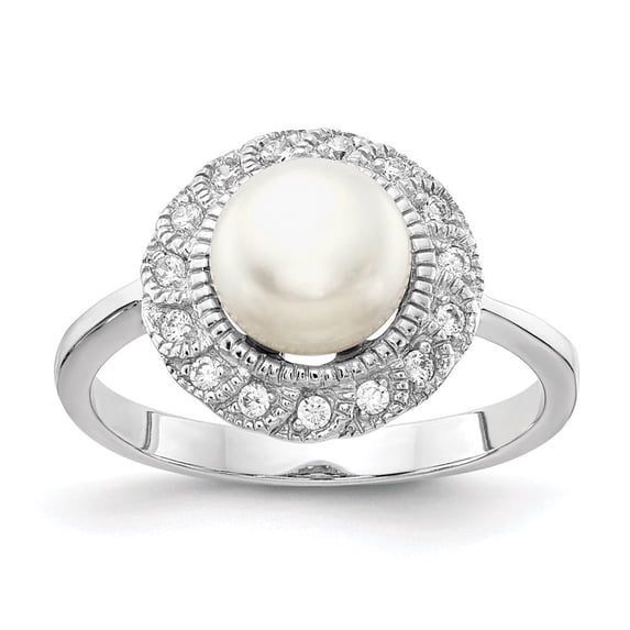 Auriga Fine Jewelry 925 Sterling Silver Rhodium Plated Cubic Zirconia & White FWC Pearl Ring Size 8 for Women