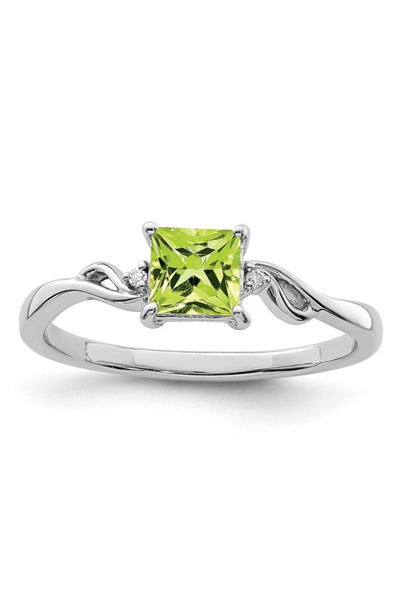 Fine Jewelry 925 Sterling Silver Rhodium Plated Diamond and Peridot Square Ring Size 8 for Women