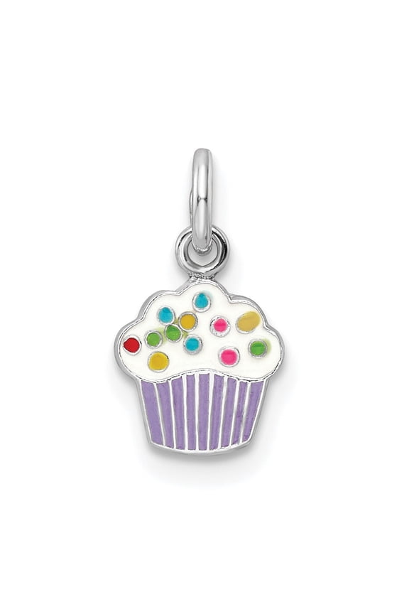 Fine Jewelry 925 Sterling Silver Rhodium-Plated Enamel Cupcake Pendant for Women (L- 13.75mm, W- 7.6mm)