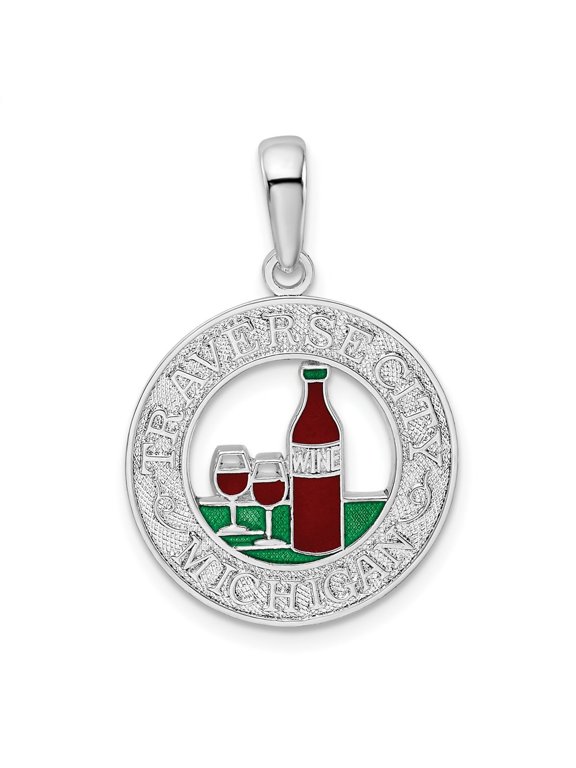 Fine Jewelry 925 Sterling Silver Rhodium-Plated Enameled Traverse City Michigan with Wine Pendant (L-26.77 mm)
