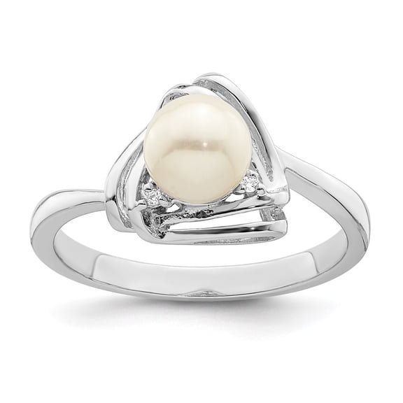 Auriga Fine Jewelry 925 Sterling Silver Rhodium Plated Pearl and Cubic Zirconia Triangle Ring Size 7 for Women