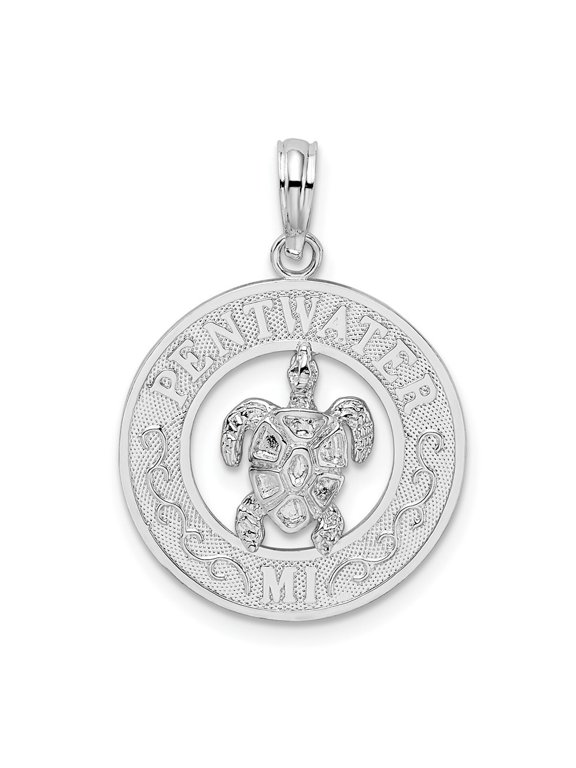 Fine Jewelry 925 Sterling Silver Rhodium-Plated Pentwater Michigan Circle with Turtle Pendant (L-25.53 mm)