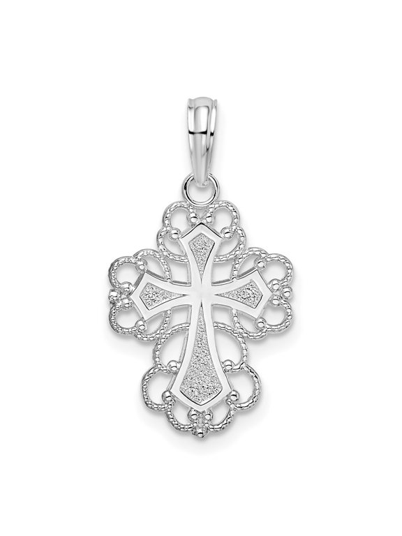 Fine Jewelry 925 Sterling Silver Rhodium-Plated Polished Fancy Lacy Cross Pendant for Women