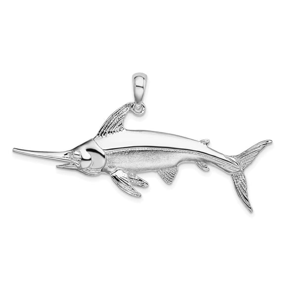 Auriga Fine Jewelry 925 Sterling Silver Rhodium-Plated Polished and Satin Swordfish Pendant (L-29 mm, W-54.5 mm)