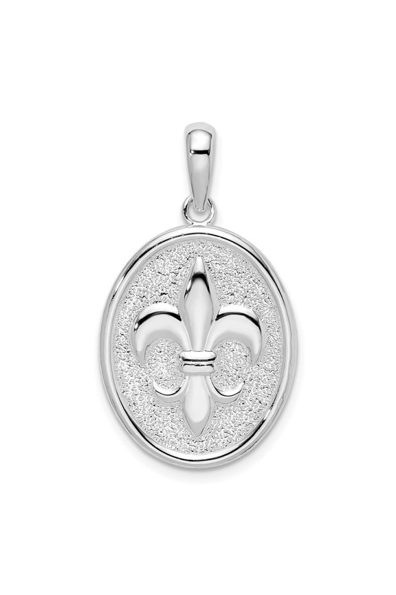Fine Jewelry 925 Sterling Silver Rhodium-Plated Polished and Textured Fleur de Lis Oval Pendant for Women