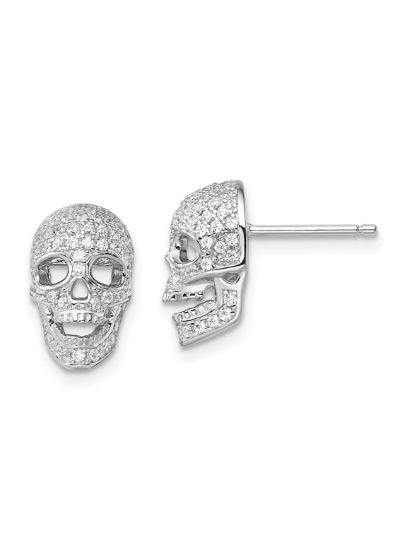 Fine Jewelry 925 Sterling Silver Rhodium-plated 140 Stone Micro CZ Skull Post Stud Earrings for Women