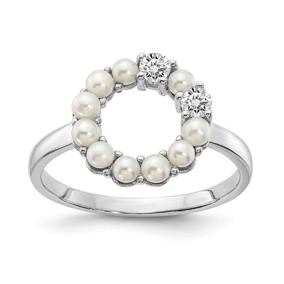 Auriga Fine Jewelry 925 Sterling Silver Rhodium-plated 2-2.5mm Button FWC Pearl CZ Ring for Women Size- 6