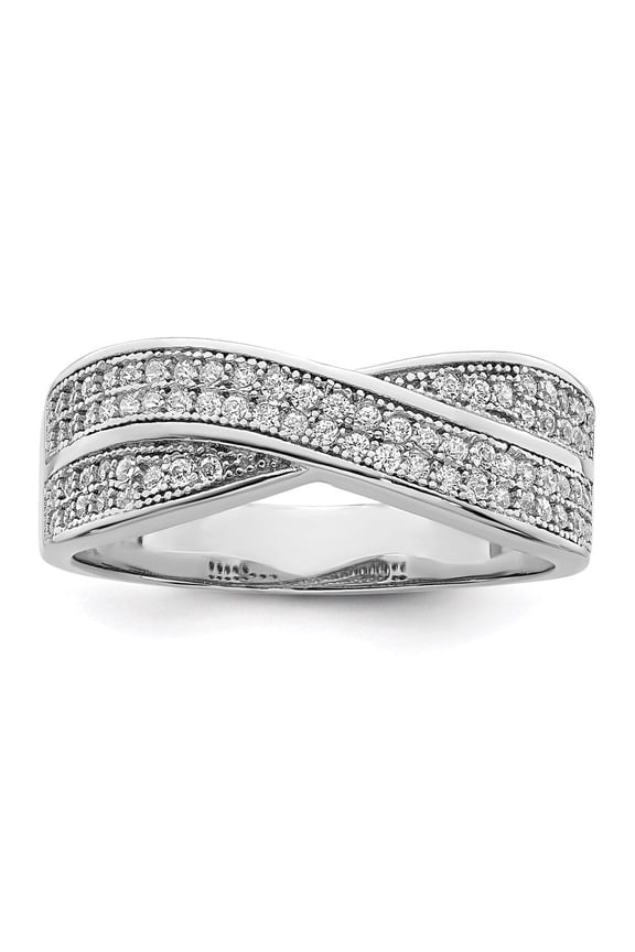 Fine Jewelry 925 Sterling Silver Rhodium-plated 72 Stone Criss Cross Micro Pave, CZ Ring for Women Size 7