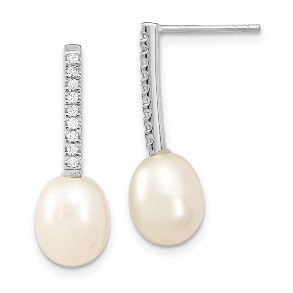 Auriga Fine Jewelry 925 Sterling Silver Rhodium-plated 8-9mm Rice FWC Pearl CZ Post Dangle Earrings for Women
