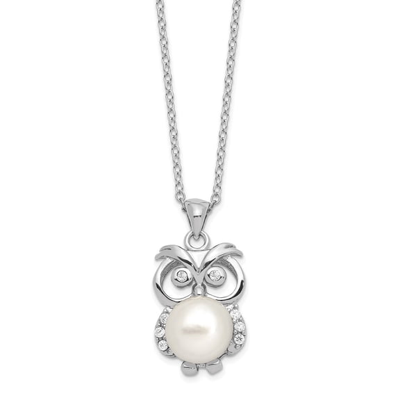 Auriga Fine Jewelry 925 Sterling Silver Rhodium-plated CZ 8-9 mm White Button FWC Pearl Owl Necklace for Women 17"