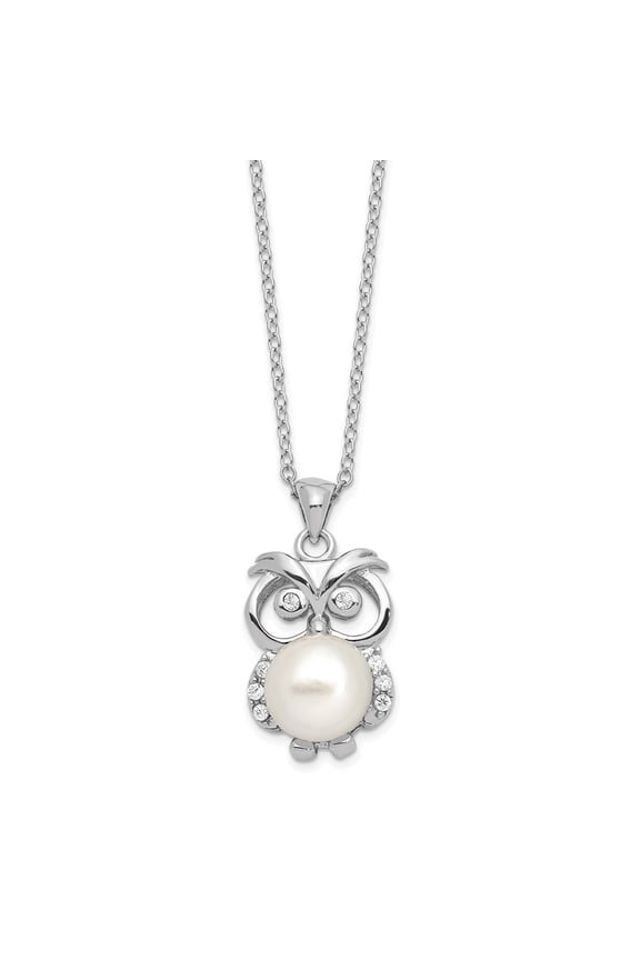 Fine Jewelry 925 Sterling Silver Rhodium-plated CZ 8-9 mm White Button FWC Pearl Owl Necklace for Women 17"