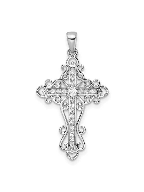 Fine Jewelry 925 Sterling Silver Rhodium-plated CZ Fancy Cross Pendant for Women (L - 1.31 inch, W - 18.51 inch)
