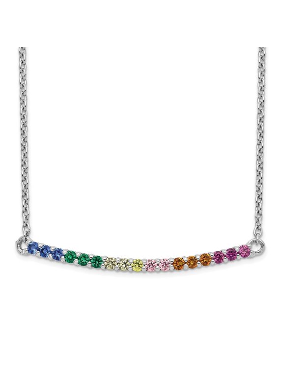 Fine Jewelry 925 Sterling Silver Rhodium-plated Colorful CZ Curved Bar Necklace for Women 18"