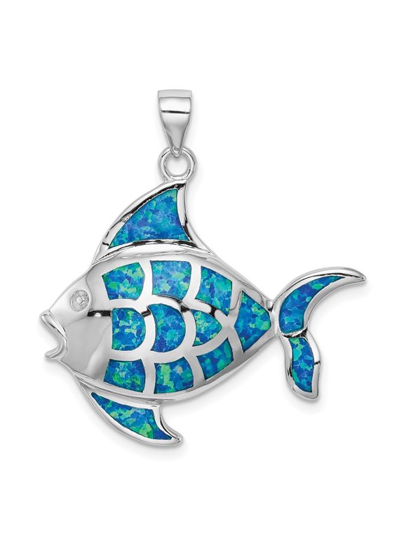 Fine Jewelry 925 Sterling Silver Rhodium-plated Created Blue Opal Fish Pendant for Women (L- 32.5mm, W- 29.5mm)