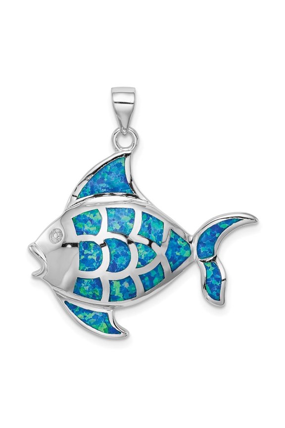Fine Jewelry 925 Sterling Silver Rhodium-plated Created Blue Opal Fish Pendant for Women (L- 32.5mm, W- 29.5mm)