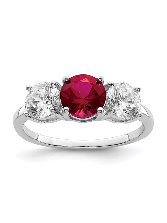 Fine Jewelry 925 Sterling Silver Rhodium-plated Created Corundum & CZ 3 Stone Ring for Women Size 8
