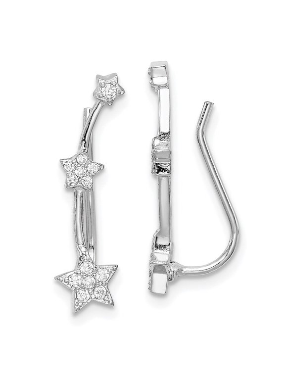 Fine Jewelry 925 Sterling Silver Rhodium-plated Cubic Zirconia Three Star Ear Climber Earrings for Women