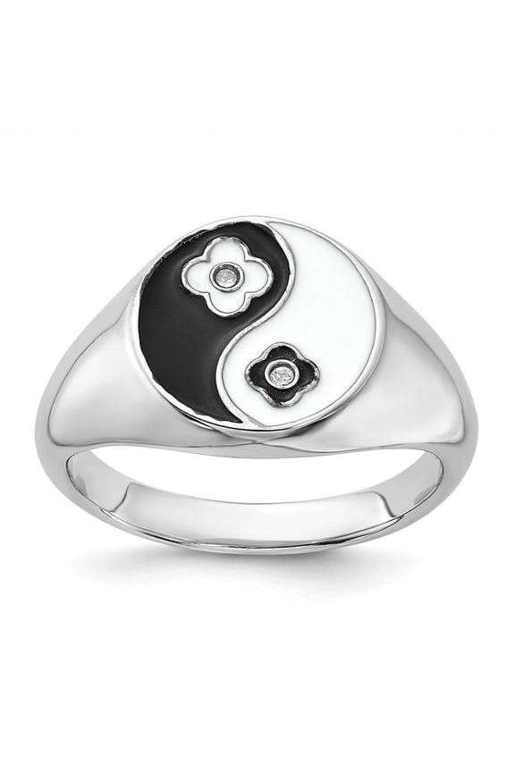 Fine Jewelry 925 Sterling Silver Rhodium-plated Enameled Yin Yang CZ Ring for Women Size- 8