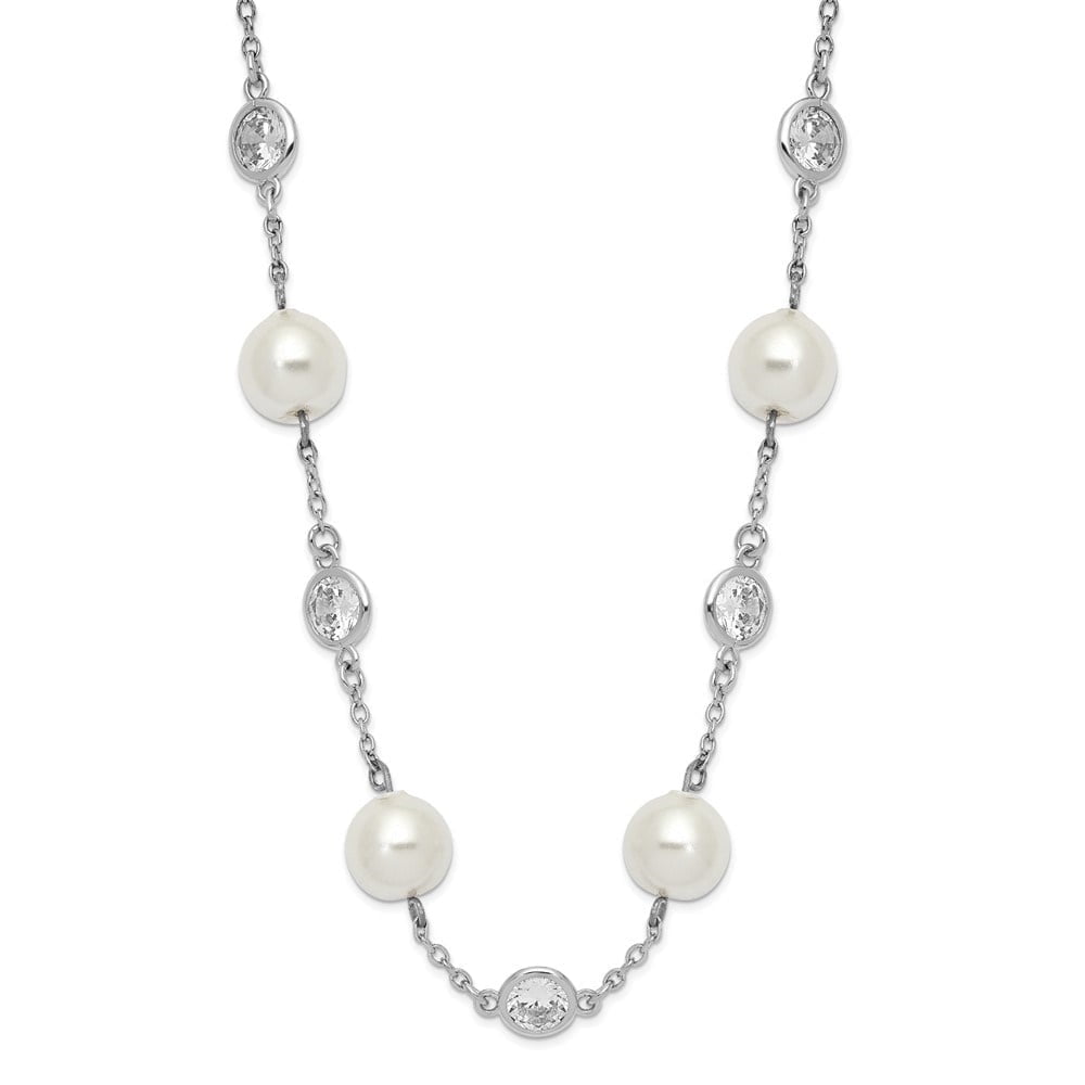 AURIGA Fine Jewelry 925 Sterling Silver Rhodium-plated Glass Pearl and Brilliant-cut CZ Bezel Station Necklace for Women 18.25"