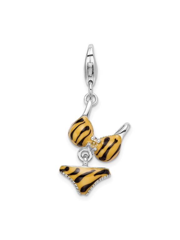 Fine Jewelry 925 Sterling Silver Rhodium-plated Polished 3-D CZ Enameled Tiger Bikini Pendant for Women (L - 1.7 inch, W - 16 inch)