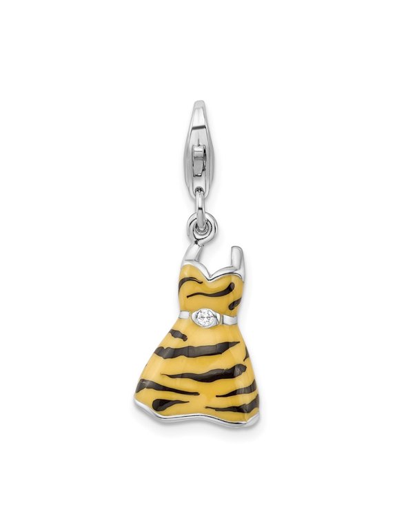 Fine Jewelry 925 Sterling Silver Rhodium-plated Polished 3-D CZ Enameled Tiger Dress Charm for Women with Fancy Lobster Clasp (L - 1.58 inch, W - 12 inch)
