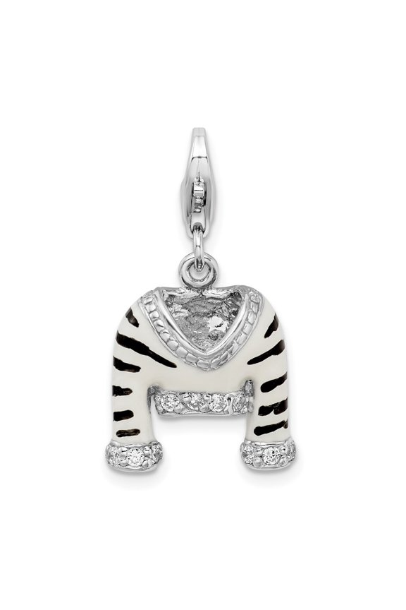 Fine Jewelry 925 Sterling Silver Rhodium-plated Polished 3-D CZ Enameled Zebra Jacket Charm for Women with Fancy Lobster Clasp (L - 1.46 inch, W - 15 inch)