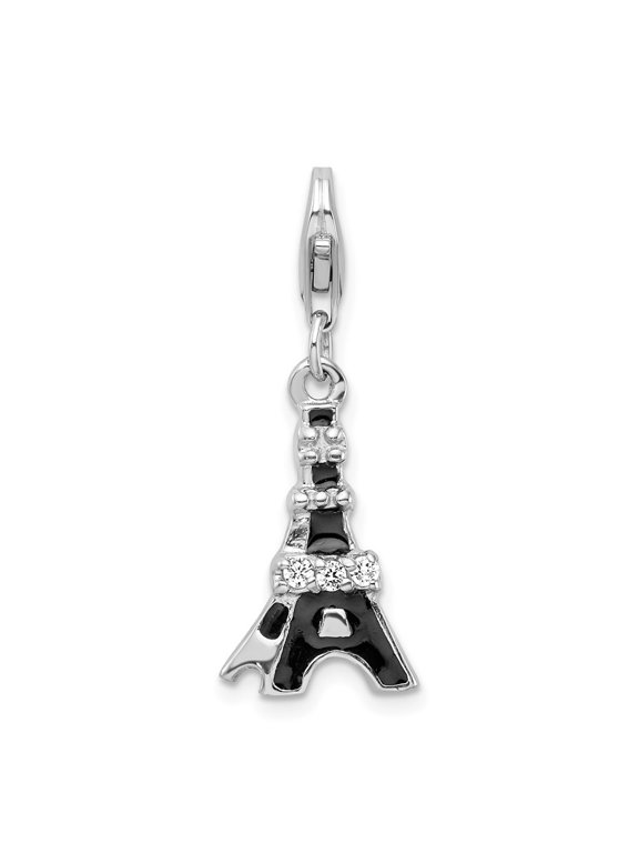 Fine Jewelry 925 Sterling Silver Rhodium-plated Polished Black Enameled CZ Eiffel Tower Charm for Women with Fancy Lobster Clasp (L - 1.54 inch, W - 11 inch)