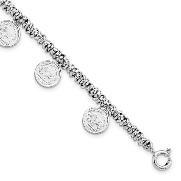 Auriga Fine Jewelry 925 Sterling Silver Rhodium-plated Polished Coin Charm 7.25 inch w/ 2in ext. Men's Bracelet