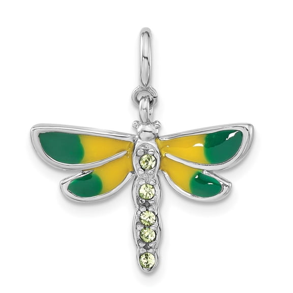 Auriga Fine Jewelry 925 Sterling Silver Rhodium-plated Polished Green CZ and Enameled Dragonfly w/ Spring Ring Clasp Charm for Women (L - 0.98 inch, W - 22.1 inch)