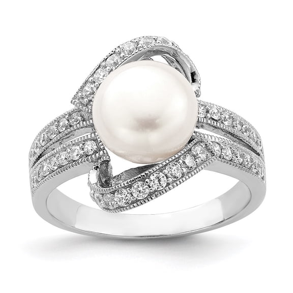 Auriga Fine Jewelry 925 Sterling Silver Rhodium-plated Simulated Pearl and CZ Ring for Women Size- 6