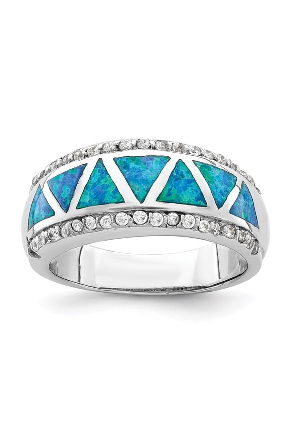 Fine Jewelry 925 Sterling Silver Rhodium-plated Triangle Lab Created Blue Opal & CZ Ring for Women Size- 8