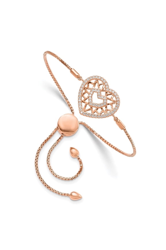 Fine Jewelry 925 Sterling Silver Rose-Tone Zirconia Embers Heart Bolo Bracelet for Women