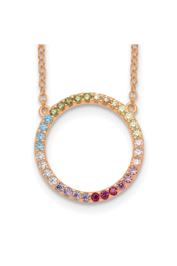 Fine Jewelry 925 Sterling Silver Rose-tone 14K Flash Rose Gold-plated Colourful CZ Open Circle Necklace with 2 inch Extender for Women 18"