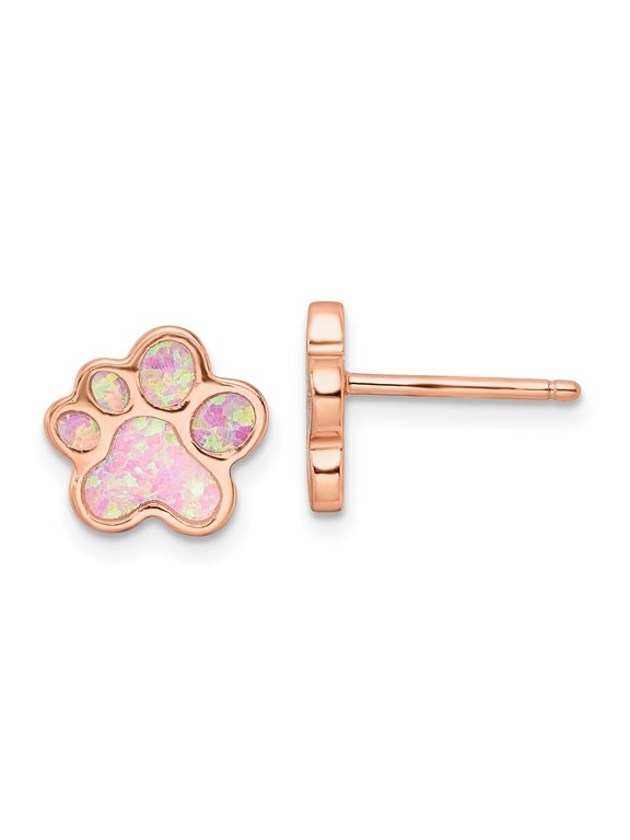 Fine Jewelry 925 Sterling Silver Rose-tone Created Opal Inlay Pawprint Post Stud Earrings for Women