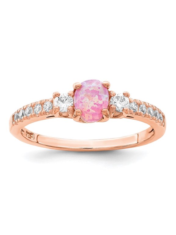 Fine Jewelry 925 Sterling Silver Rose-tone Created Pink Opal and CZ Ring for Women Size- 6