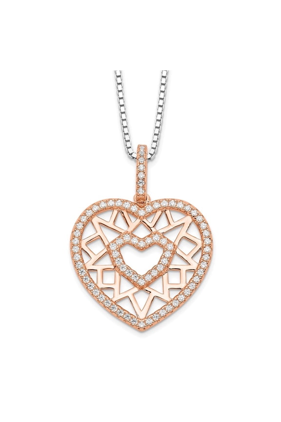 Fine Jewelry 925 Sterling Silver Rose-tone Flash Rose Gold-plated 77 Stone CZ Heart Necklace with 2" Ext. 18" for Women
