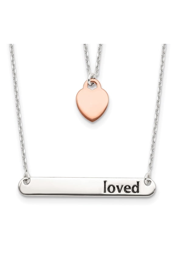 Fine Jewelry 925 Sterling Silver Rose-tone Heart Enameled LOVED Bar Necklace 16" for Women