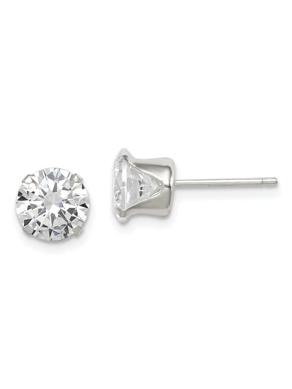 Fine Jewelry 925 Sterling Silver Round 7mm CZ Snap Set Stud Earrings for Women (L -7mm, W - 7mm)