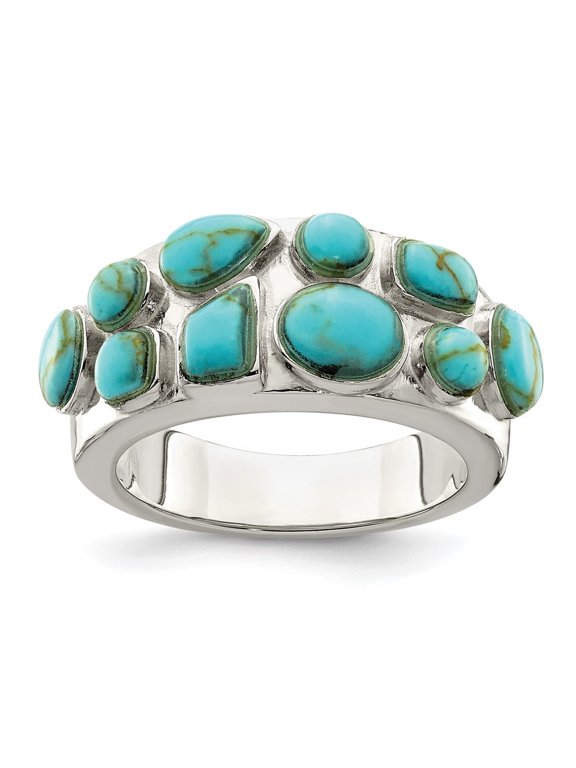 Fine Jewelry 925 Sterling Silver Synthetic Turquoise Inlay Ring for Women Size 6