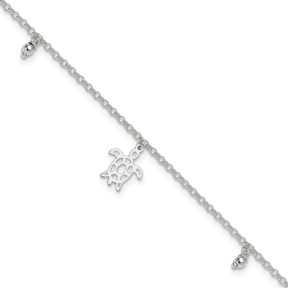 Auriga Fine Jewelry 925 Sterling Silver Turtle Dangle Beads 9in Plus 1in Ext. Anklet for Women